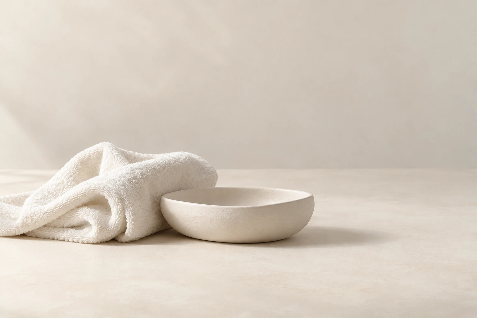 An ivory cotton towel and sculptural pale ceramic in soft studio light