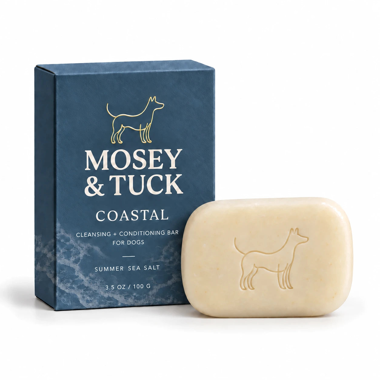 Coastal conditioning dog shampoo bar and packaging