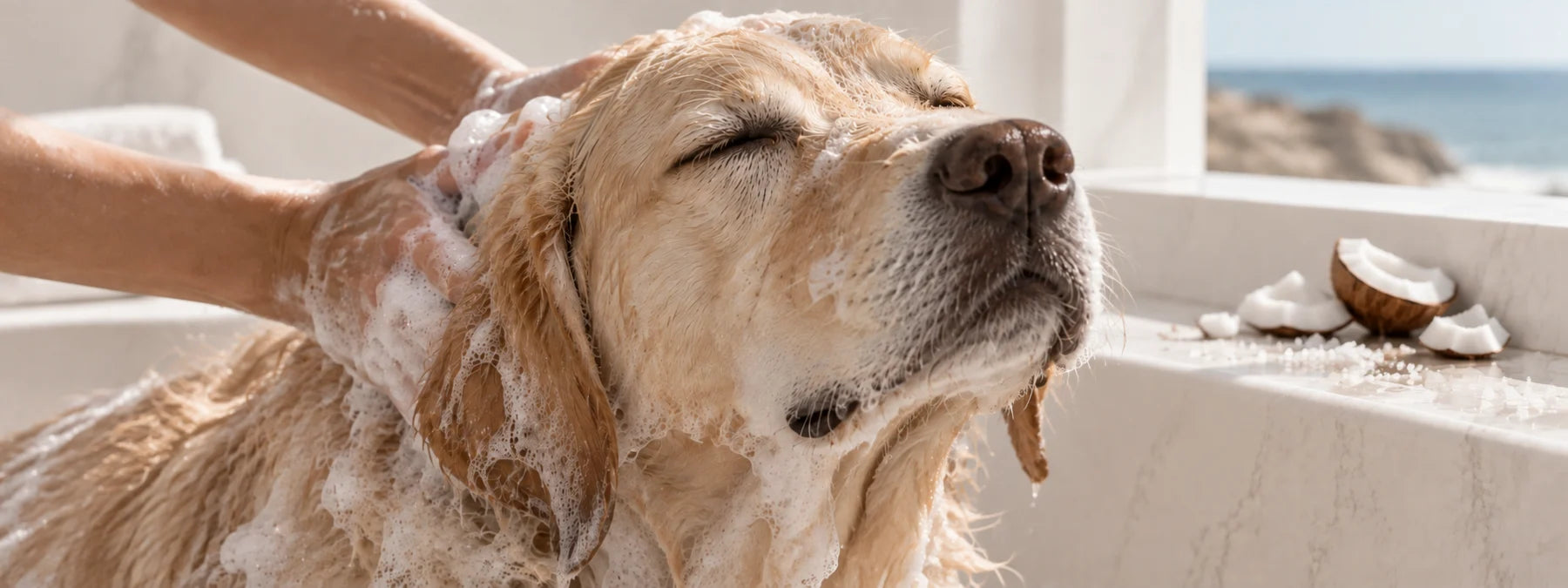 An editorial scene of a dog being bathed