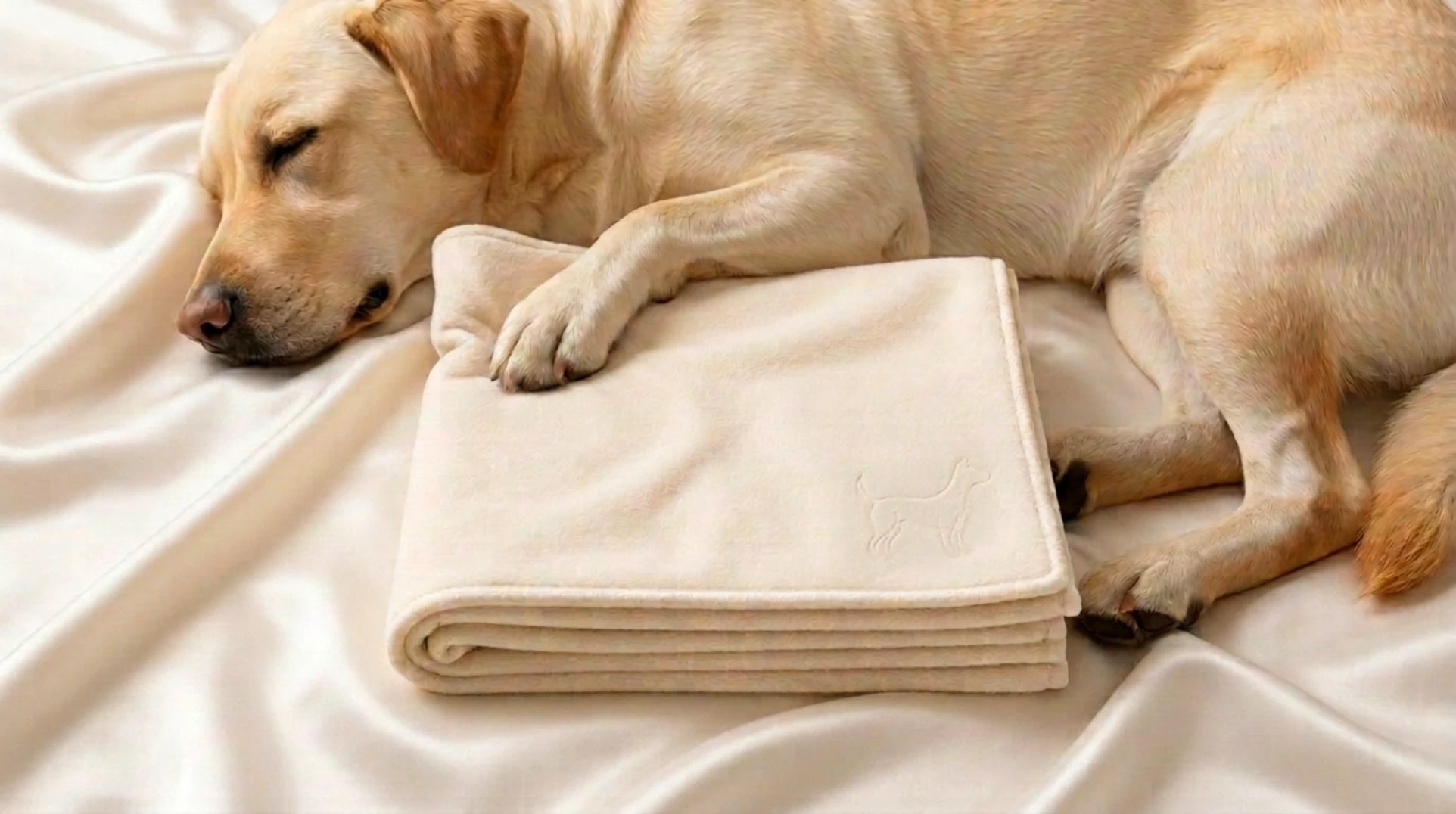 A dog resting on soft ivory towels after bath time