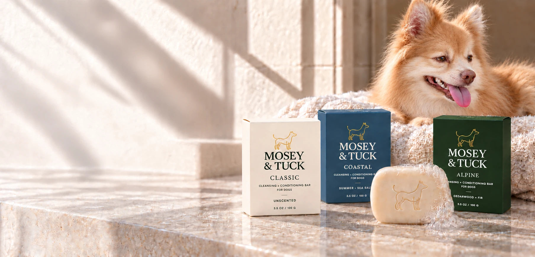 Archie resting on an ivory towel behind Classic, Coastal and Alpine shampoo and conditioning bars