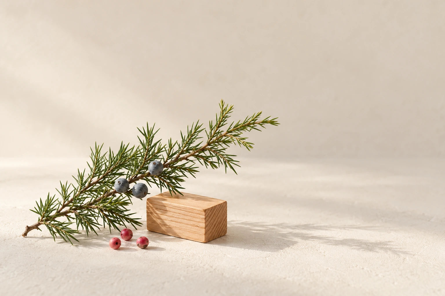 A juniper sprig, pink peppercorns and cedarwood in a minimal ivory studio still life
