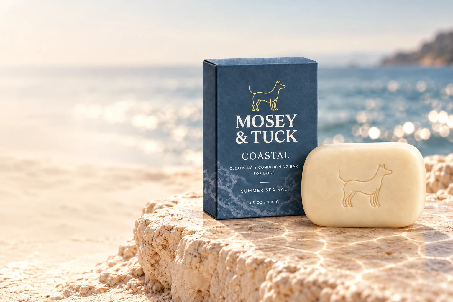 Coastal conditioning dog shampoo bar and packaging