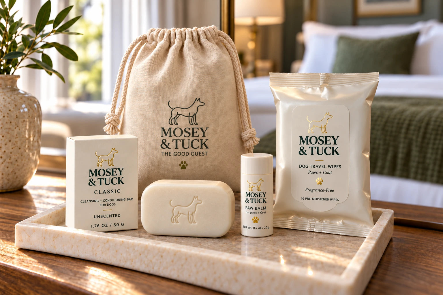 The Good Guest dog-care kit on a stone tray in a hotel room